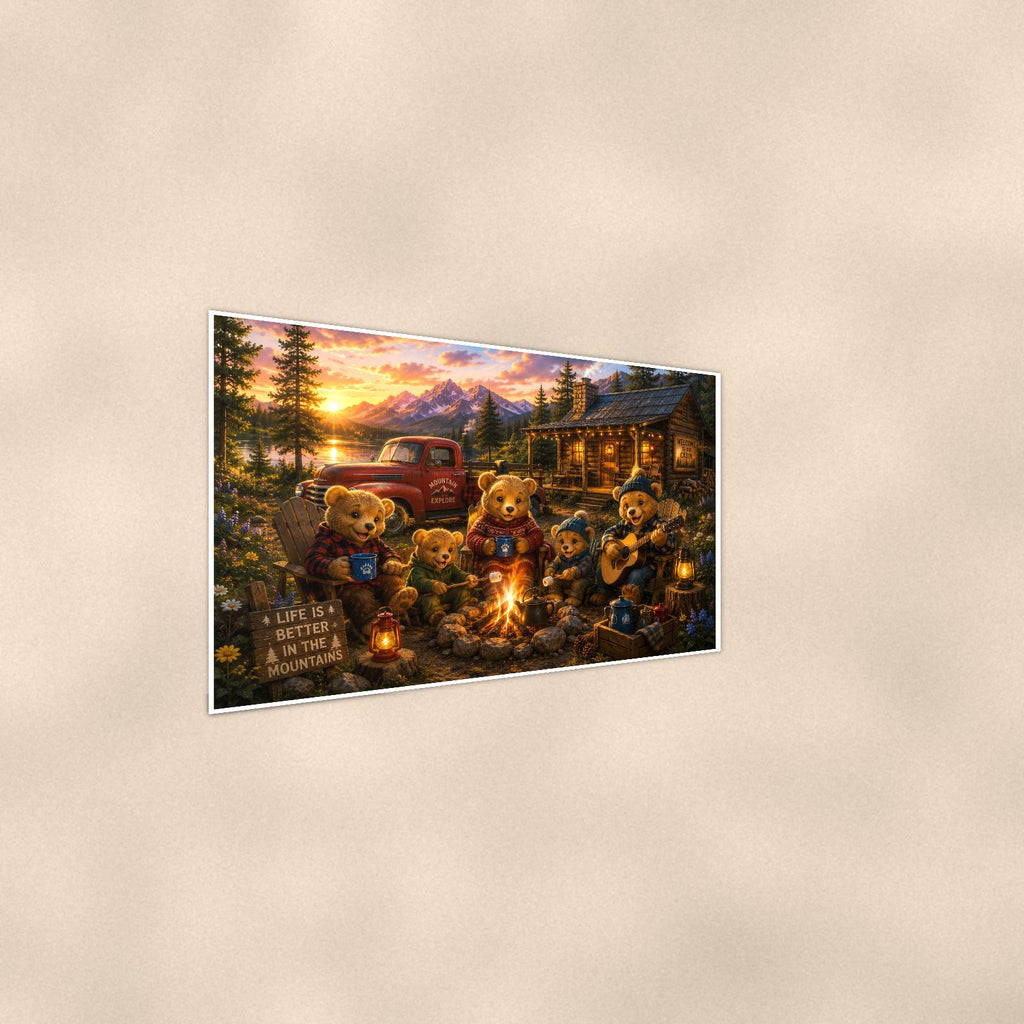 Teddy Bear Campfire Cabin — 36x24 in art print poster, premium luster paper with a white border; steeper three-quarter angle on a warm wall, catching the luster sheen.