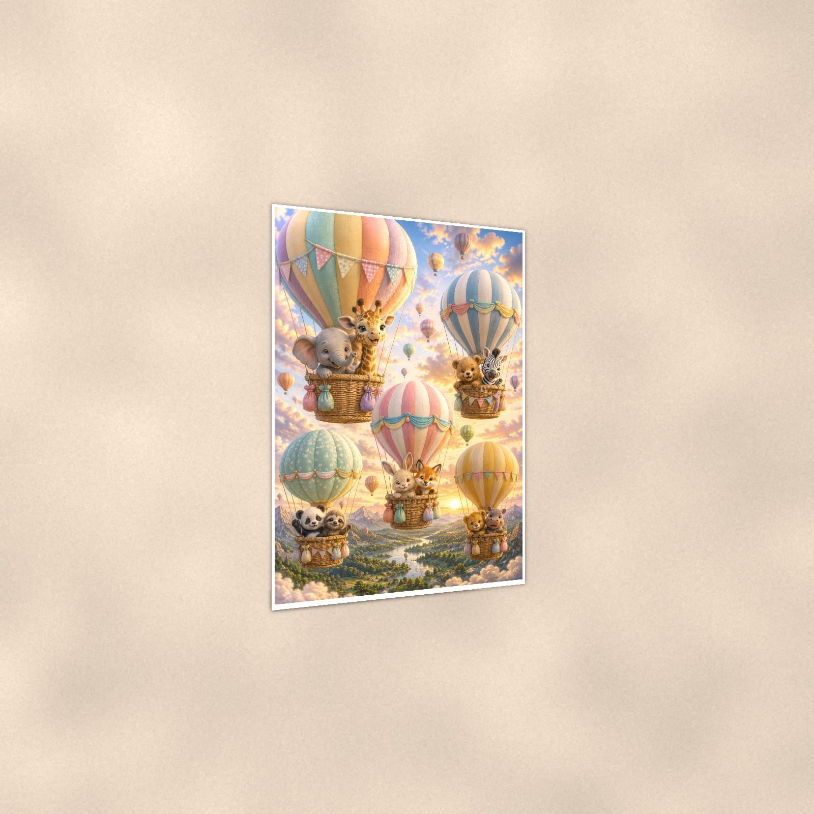 Balloon Animal Adventure — 24x36 in art print poster, premium luster paper with a white border; gentle three-quarter angle on a warm wall, showing the flat paper edge.