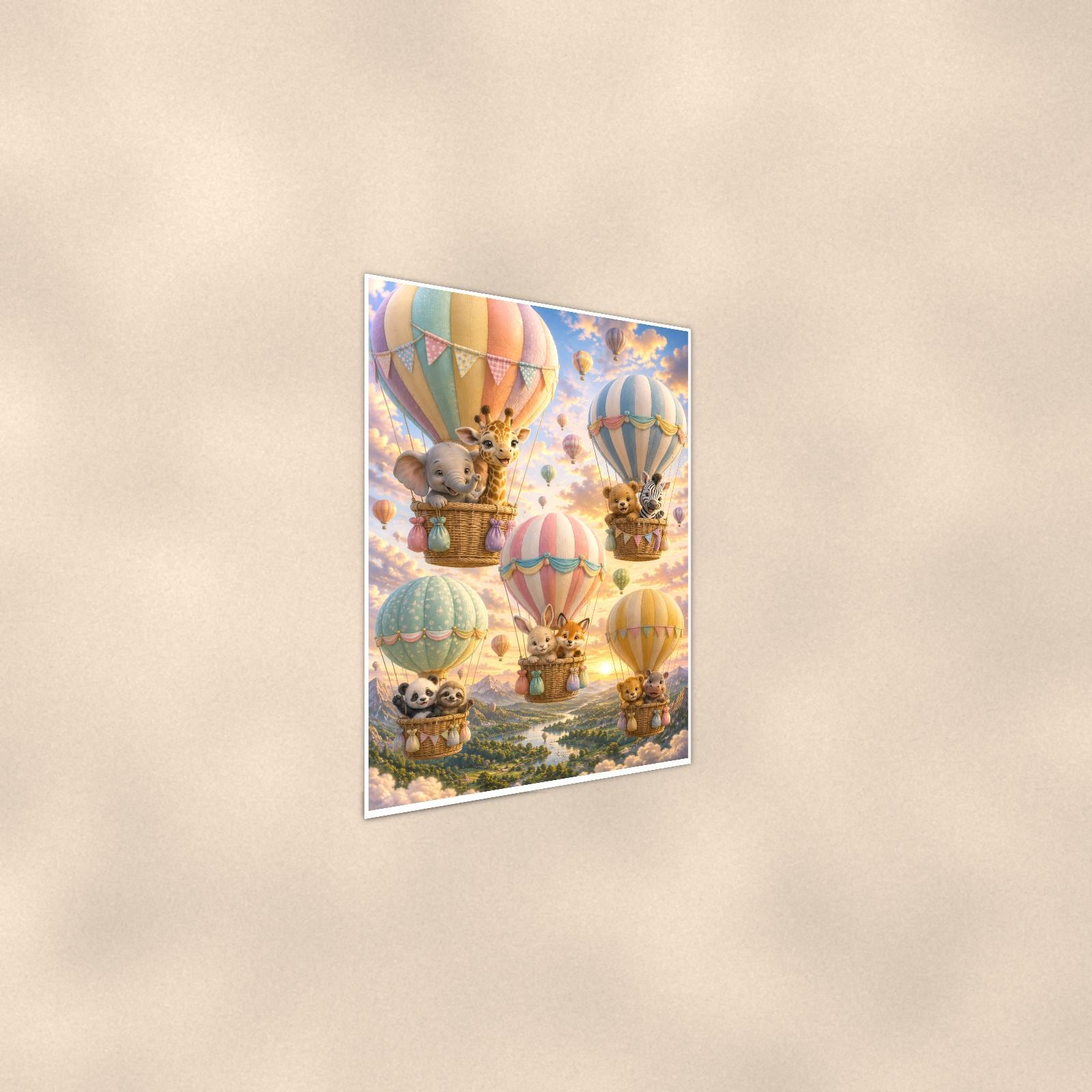 Balloon Animal Adventure — 24x36 in art print poster, premium luster paper with a white border; steeper three-quarter angle on a warm wall, catching the luster sheen.
