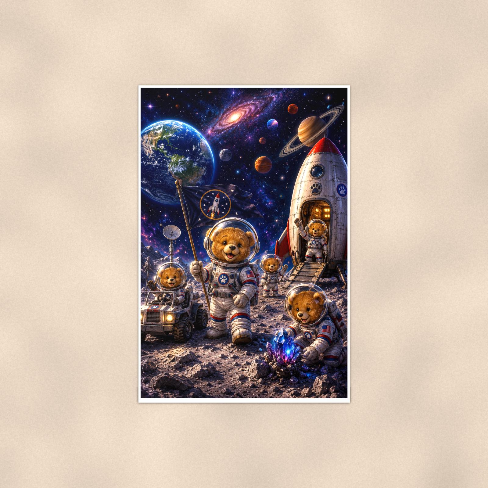 Space Explorer Bear Crew — 24x36 in art print poster, premium luster paper with a white border; poster shown straight on against a warm wall.