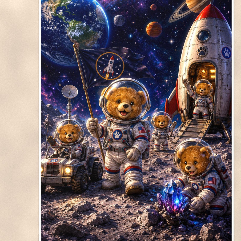 Space Explorer Bear Crew — 24x36 in art print poster, premium luster paper with a white border; close-up framed on the main subject of the artwork, paper surface visible.
