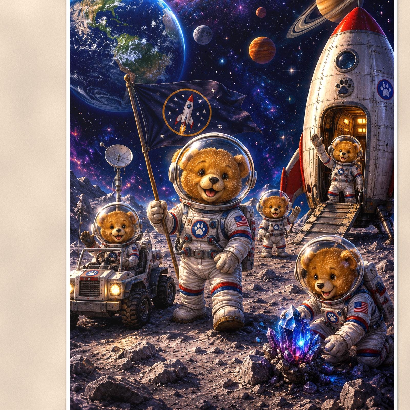Space Explorer Bear Crew — 24x36 in art print poster, premium luster paper with a white border; close-up framed on the main subject of the artwork, paper surface visible.