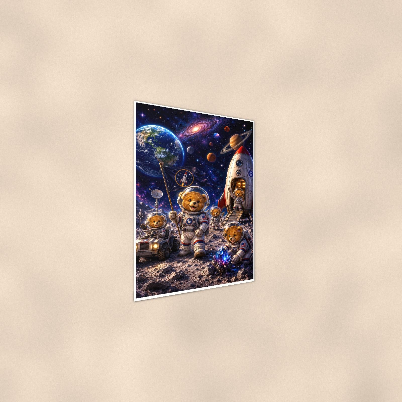 Space Explorer Bear Crew — 24x36 in art print poster, premium luster paper with a white border; steeper three-quarter angle on a warm wall, catching the luster sheen.