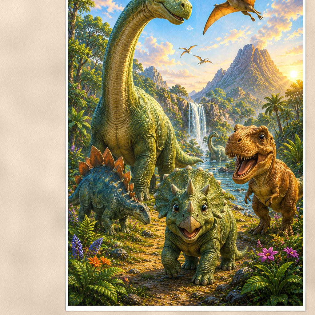 Dinosaur Valley Herd — 24x36 in art print poster, premium luster paper with a white border; close-up framed on the main subject of the artwork, paper surface visible.