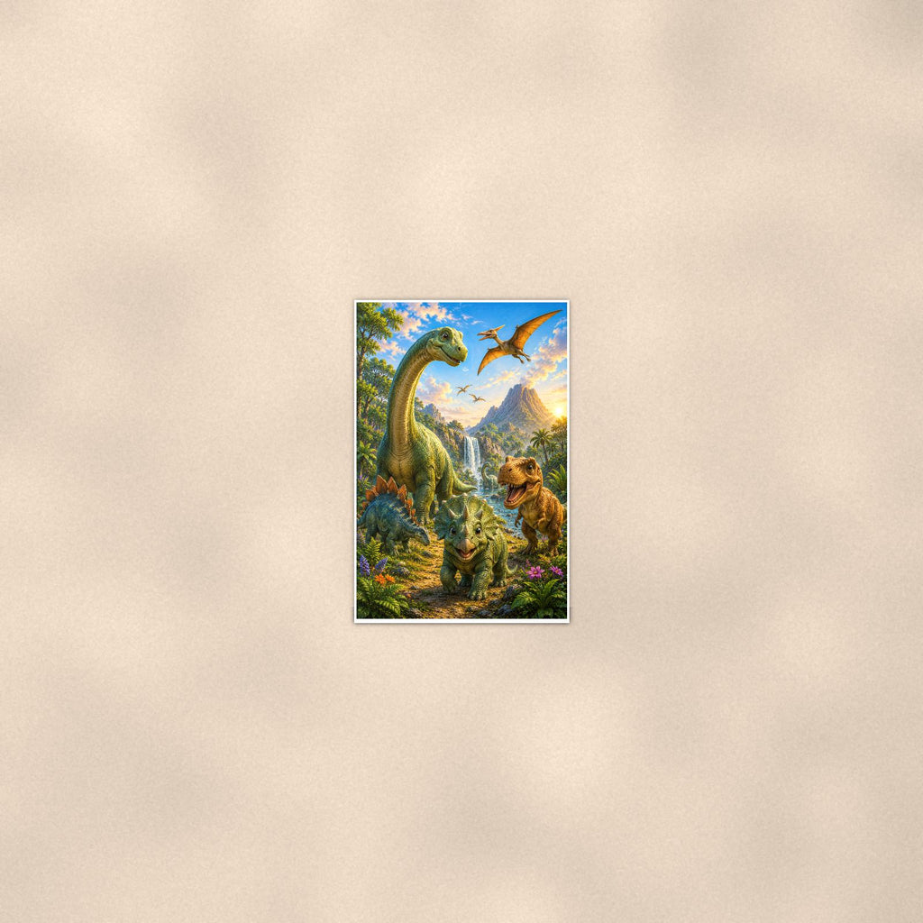 Dinosaur Valley Herd — 24x36 in art print poster, premium luster paper with a white border; poster seen from further back, at true 24x36 in scale on a warm wall.