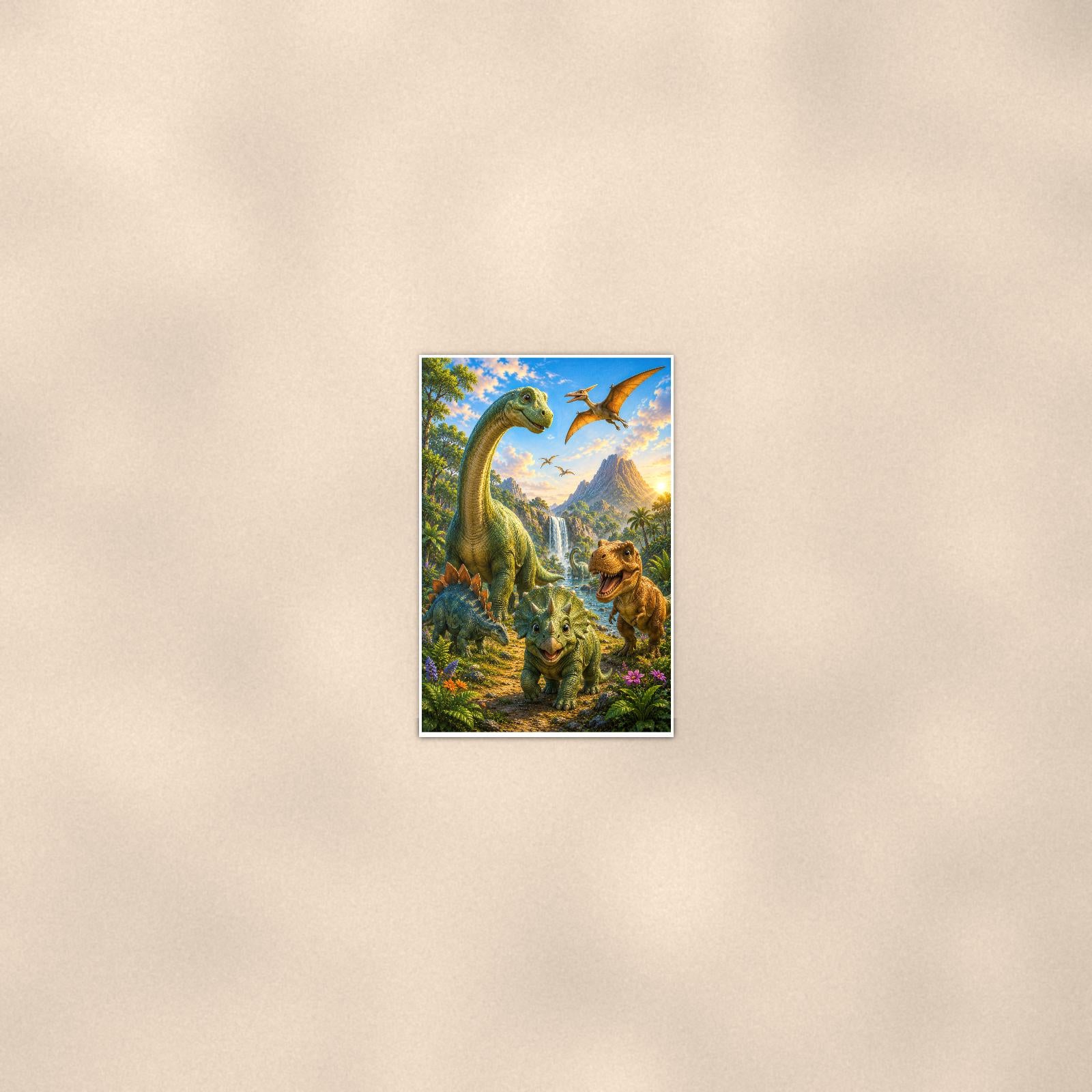 Dinosaur Valley Herd — 24x36 in art print poster, premium luster paper with a white border; poster seen from further back, at true 24x36 in scale on a warm wall.