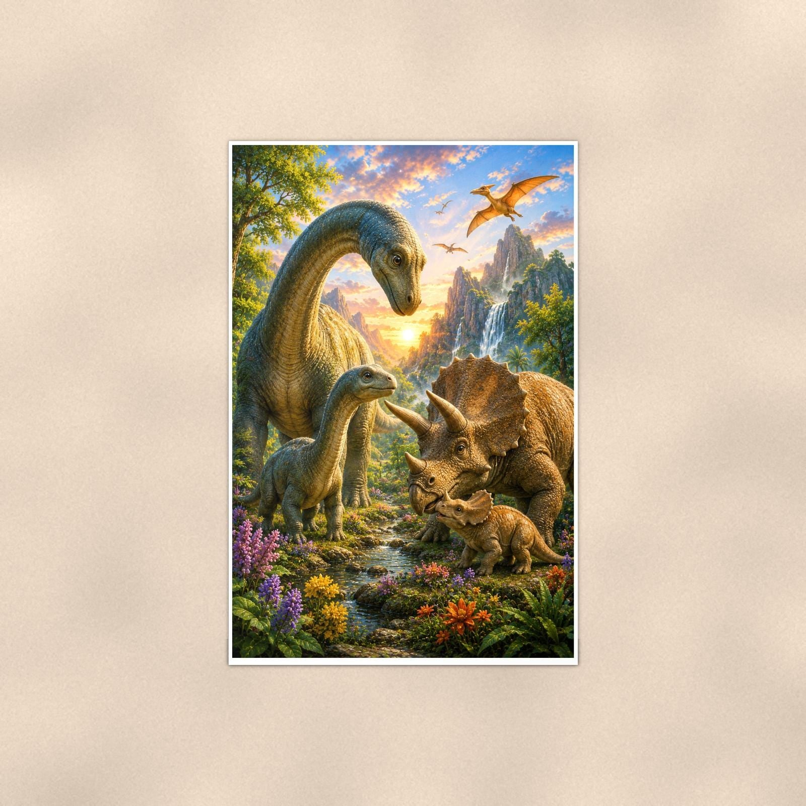 Dinosaur Family Valley — 24x36 in art print poster, premium luster paper with a white border; poster shown straight on against a warm wall.