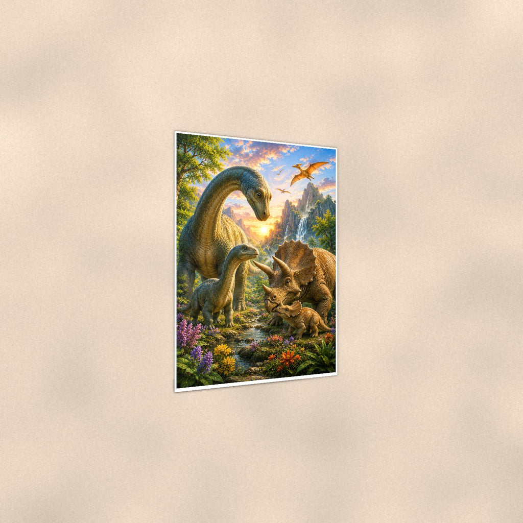 Dinosaur Family Valley — 24x36 in art print poster, premium luster paper with a white border; gentle three-quarter angle on a warm wall, showing the flat paper edge.