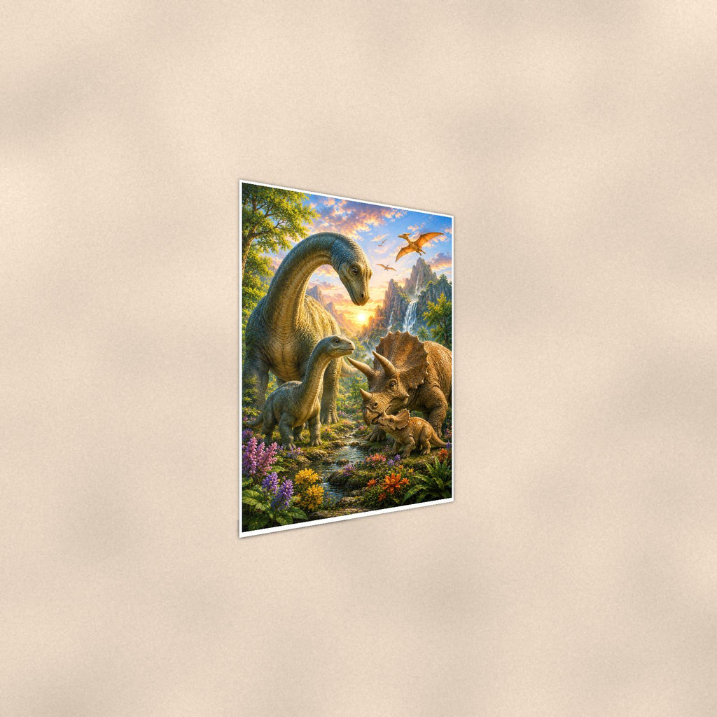 Dinosaur Family Valley — 24x36 in art print poster, premium luster paper with a white border; steeper three-quarter angle on a warm wall, catching the luster sheen.