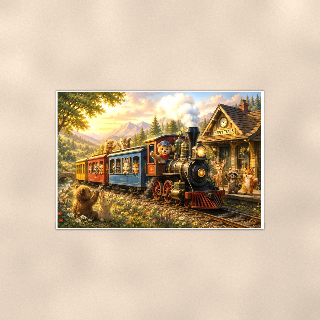 Storybook Mountain Train — 36x24 in art print poster, premium luster paper with a white border; poster shown straight on against a warm wall.