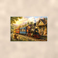Storybook Mountain Train — 36x24 in art print poster, premium luster paper with a white border; poster shown straight on against a warm wall.