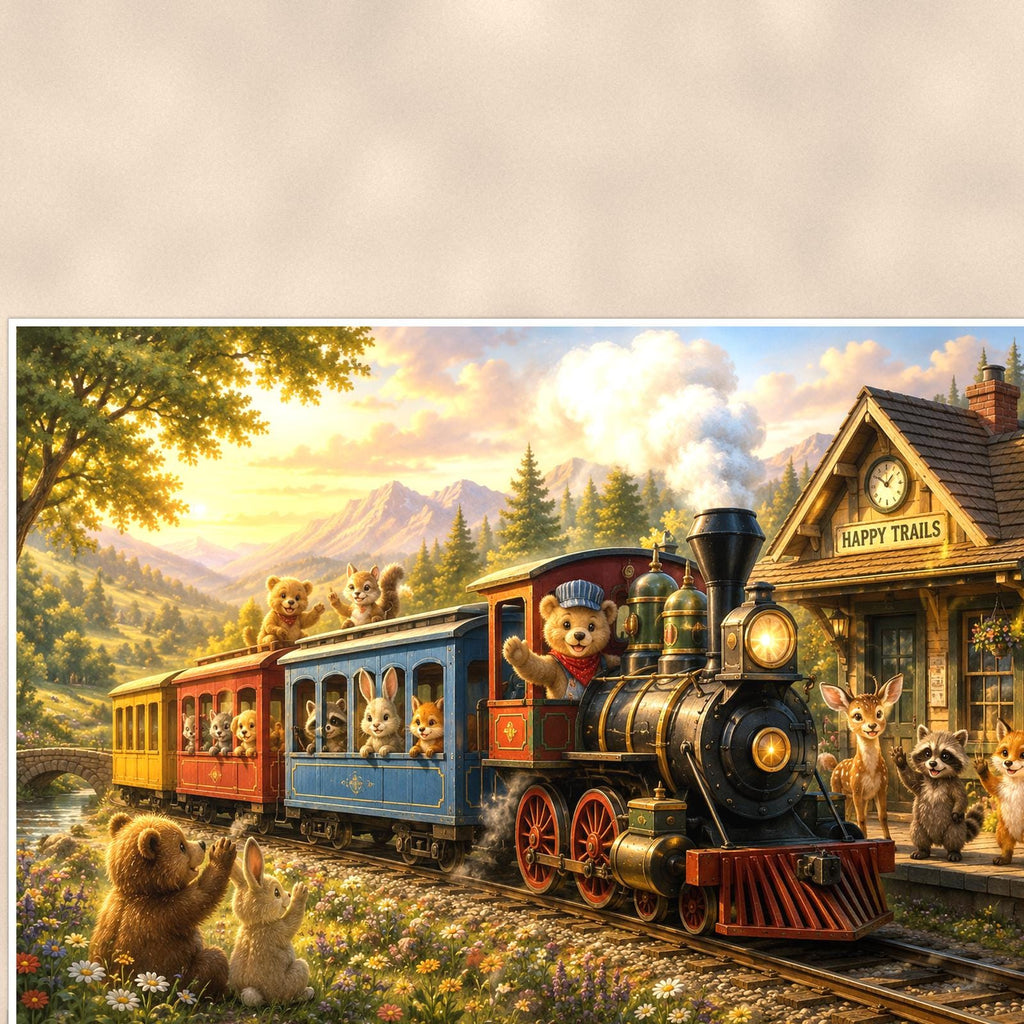 Storybook Mountain Train — 36x24 in art print poster, premium luster paper with a white border; close-up framed on the main subject of the artwork, paper surface visible.