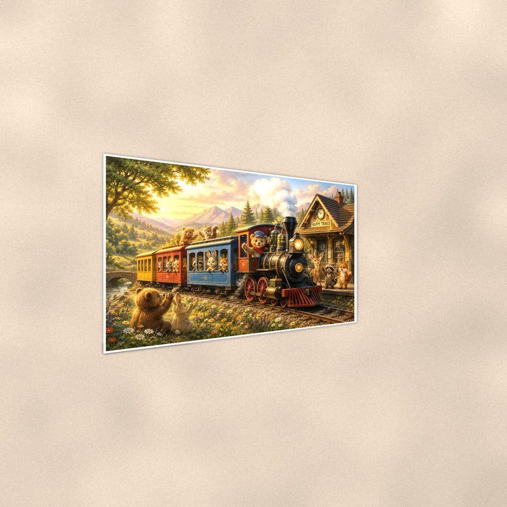 Storybook Mountain Train — 36x24 in art print poster, premium luster paper with a white border; steeper three-quarter angle on a warm wall, catching the luster sheen.