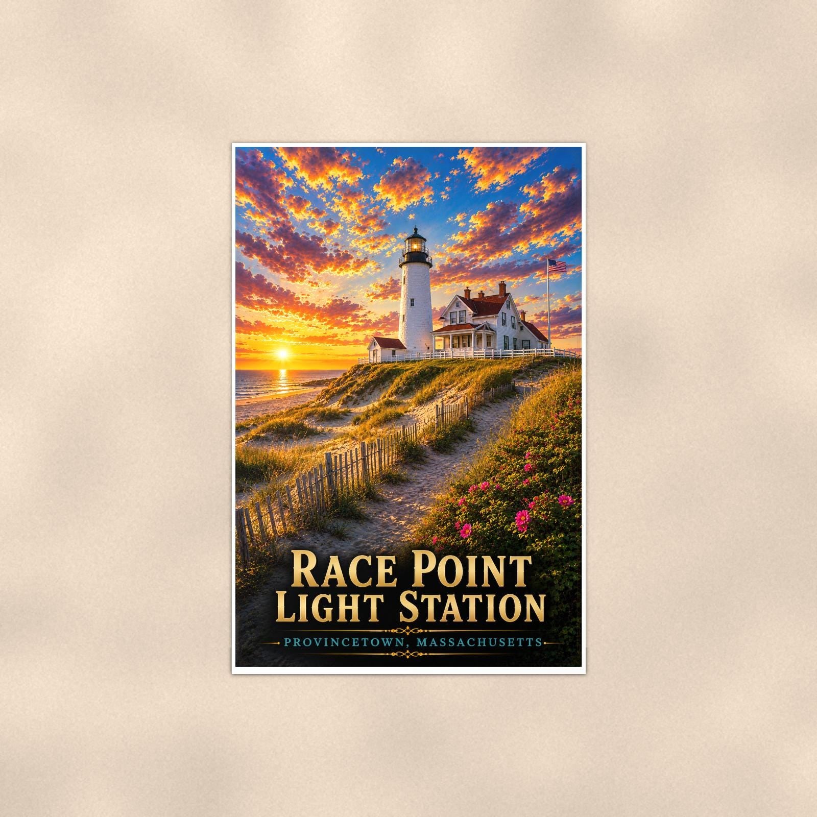 Coastal lighthouse at sunset — 24x36 in art print poster, premium luster paper with a white border; poster shown straight on against a warm wall.