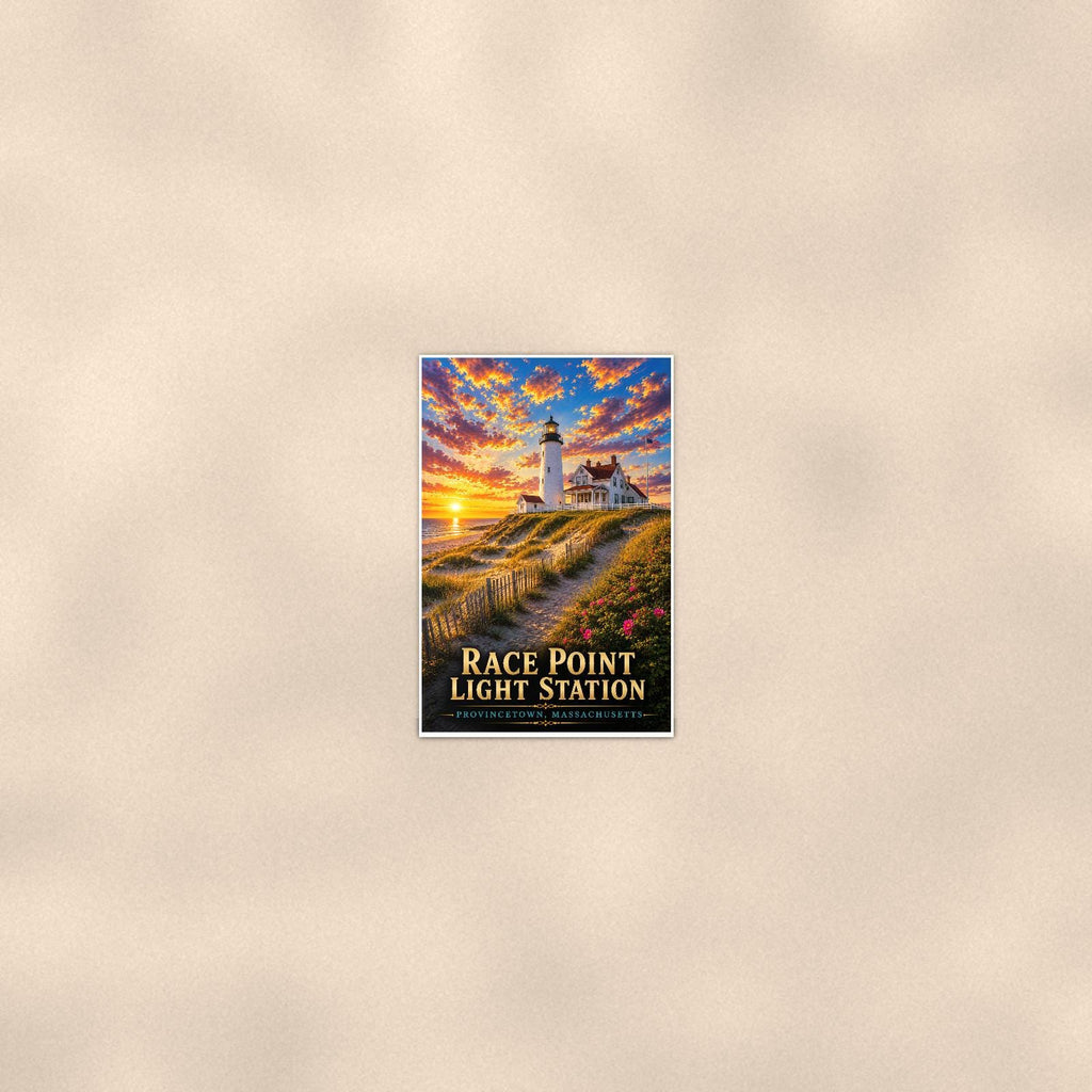 Coastal lighthouse at sunset — 24x36 in art print poster, premium luster paper with a white border; poster seen from further back, at true 24x36 in scale on a warm wall.