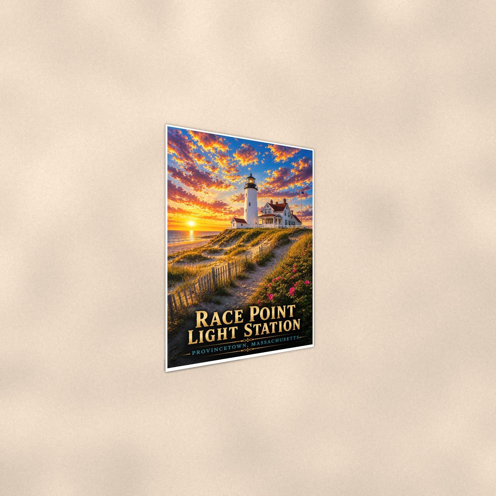 Coastal lighthouse at sunset — 24x36 in art print poster, premium luster paper with a white border; steeper three-quarter angle on a warm wall, catching the luster sheen.