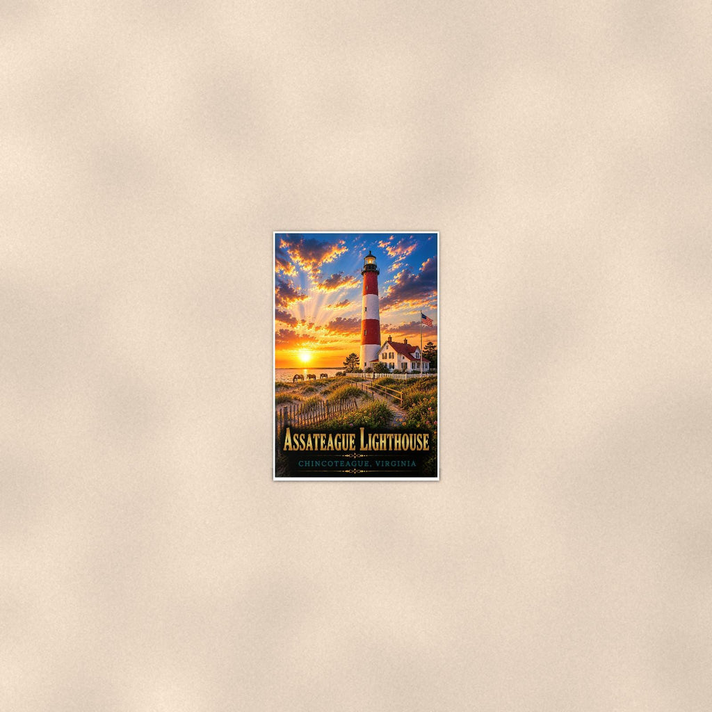 Coastal lighthouse at sunset — 24x36 in art print poster, premium luster paper with a white border; poster seen from further back, at true 24x36 in scale on a warm wall.