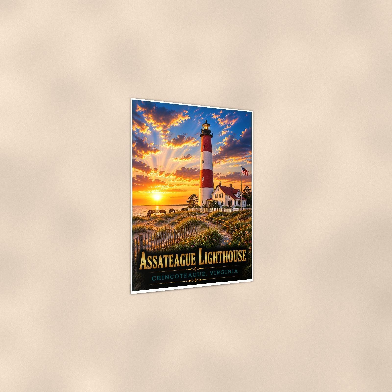 Coastal lighthouse at sunset — 24x36 in art print poster, premium luster paper with a white border; gentle three-quarter angle on a warm wall, showing the flat paper edge.