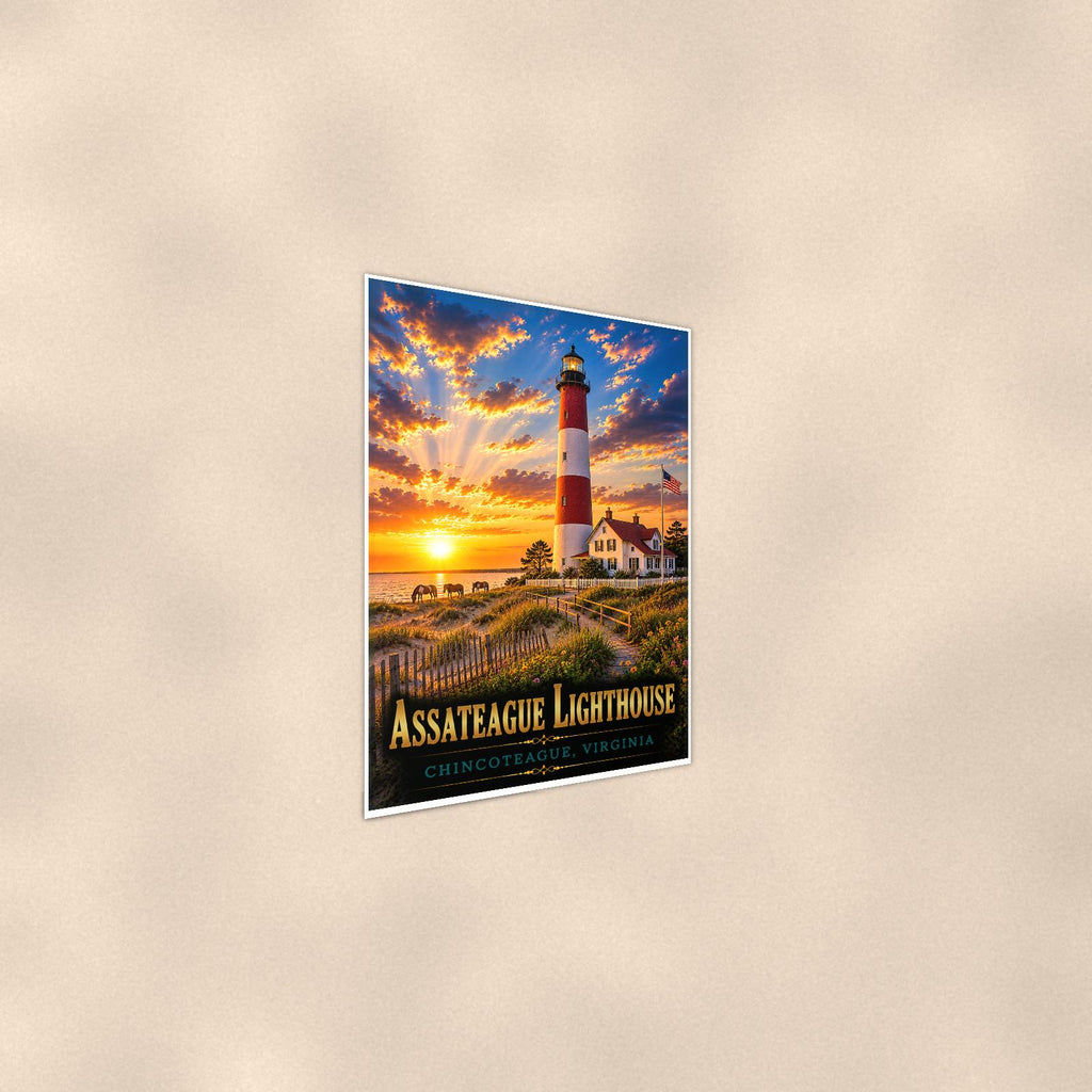 Coastal lighthouse at sunset — 24x36 in art print poster, premium luster paper with a white border; steeper three-quarter angle on a warm wall, catching the luster sheen.