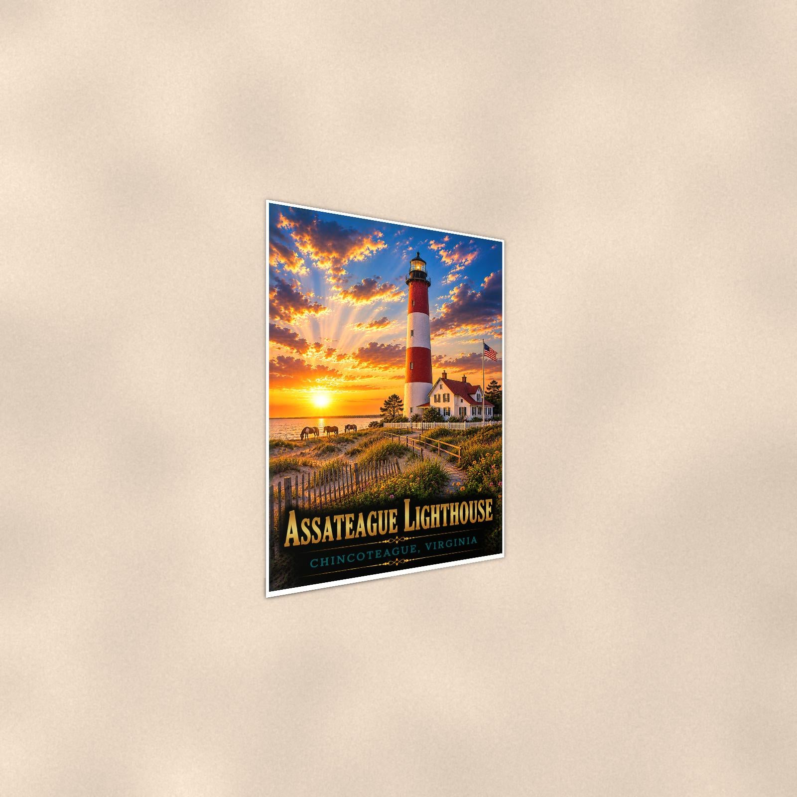 Coastal lighthouse at sunset — 24x36 in art print poster, premium luster paper with a white border; steeper three-quarter angle on a warm wall, catching the luster sheen.