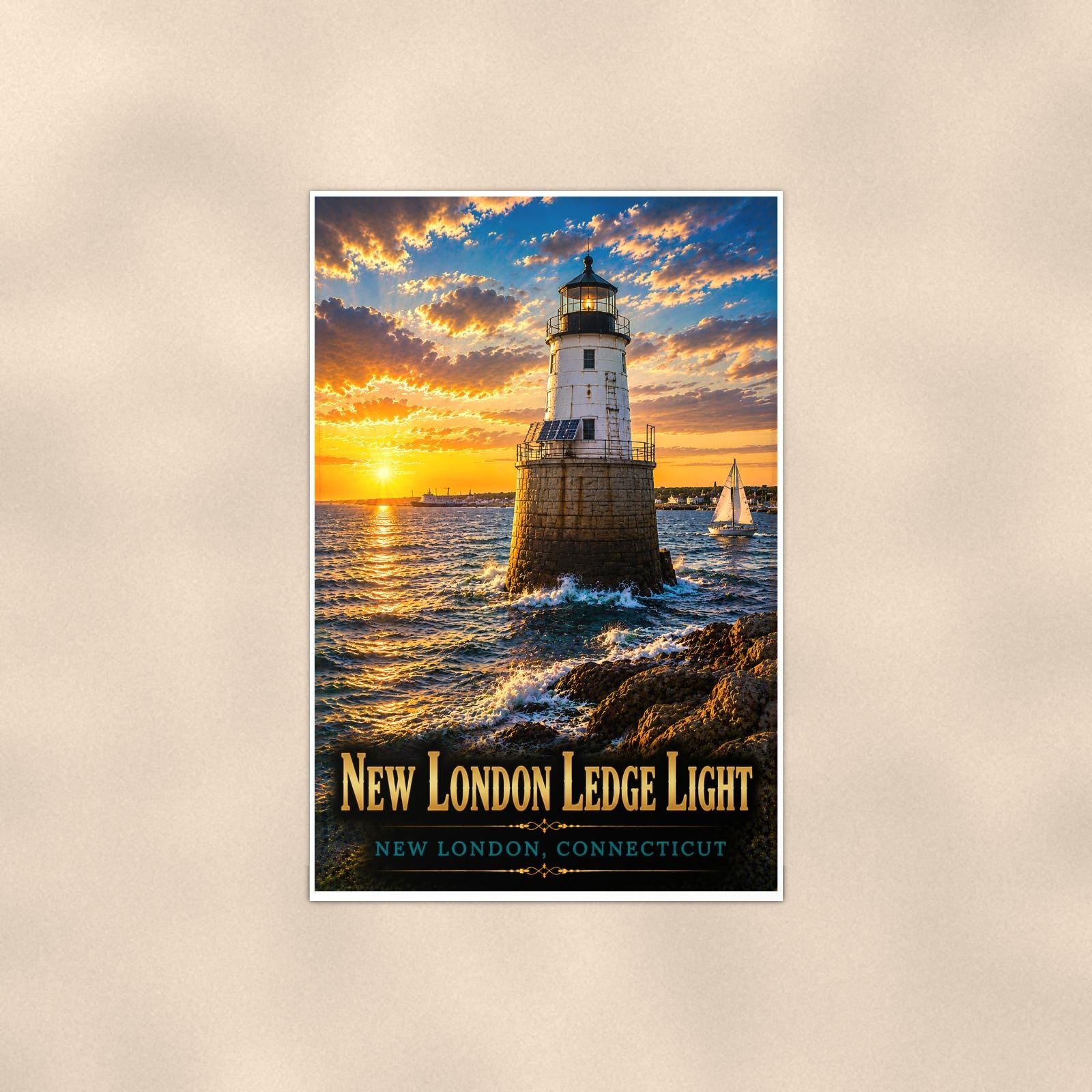 Coastal lighthouse at sunset — 24x36 in art print poster, premium luster paper with a white border; poster shown straight on against a warm wall.