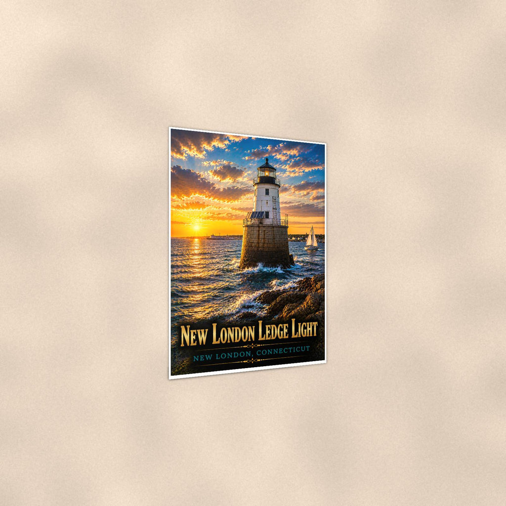 Coastal lighthouse at sunset — 24x36 in art print poster, premium luster paper with a white border; gentle three-quarter angle on a warm wall, showing the flat paper edge.