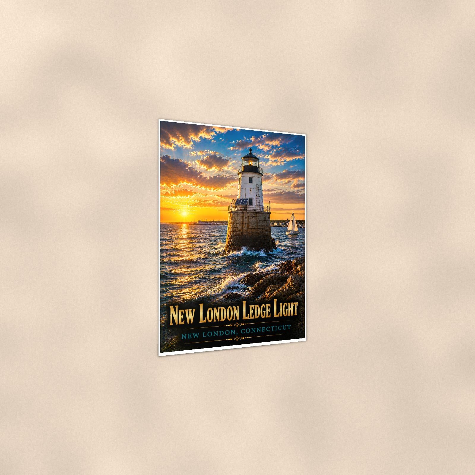 Coastal lighthouse at sunset — 24x36 in art print poster, premium luster paper with a white border; gentle three-quarter angle on a warm wall, showing the flat paper edge.