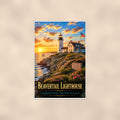 Coastal lighthouse at sunset — 24x36 in art print poster, premium luster paper with a white border; poster shown straight on against a warm wall.
