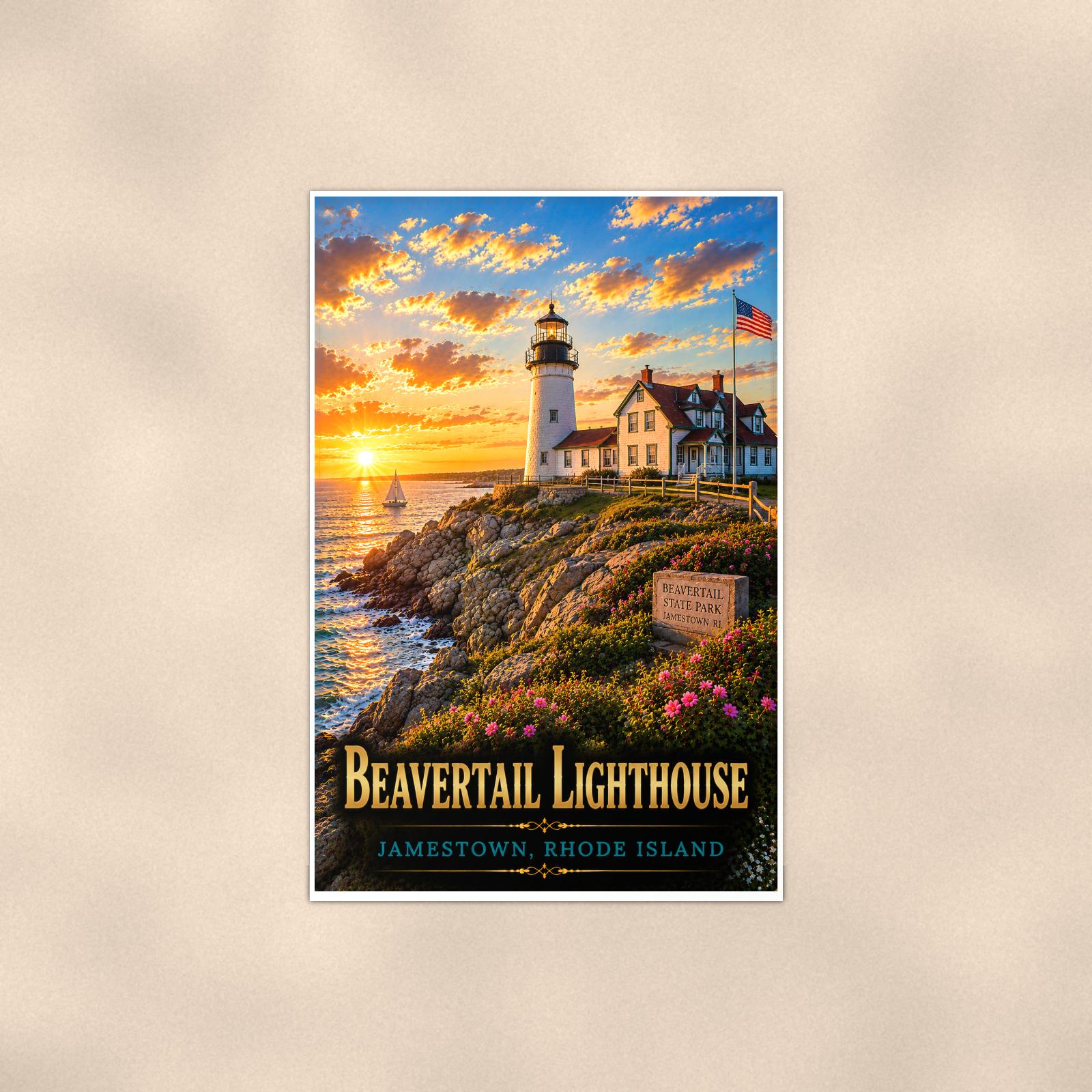 Coastal lighthouse at sunset — 24x36 in art print poster, premium luster paper with a white border; poster shown straight on against a warm wall.