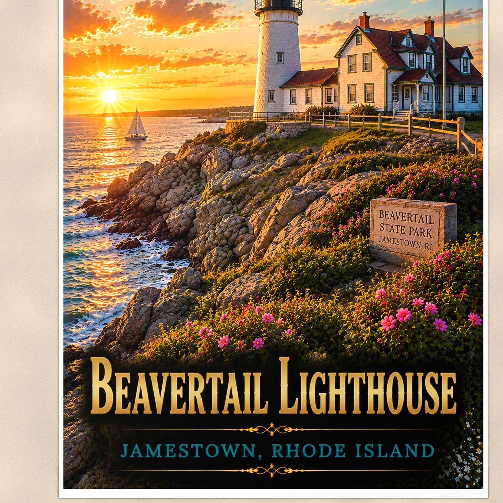 Coastal lighthouse at sunset — 24x36 in art print poster, premium luster paper with a white border; close-up framed on the main subject of the artwork, paper surface visible.