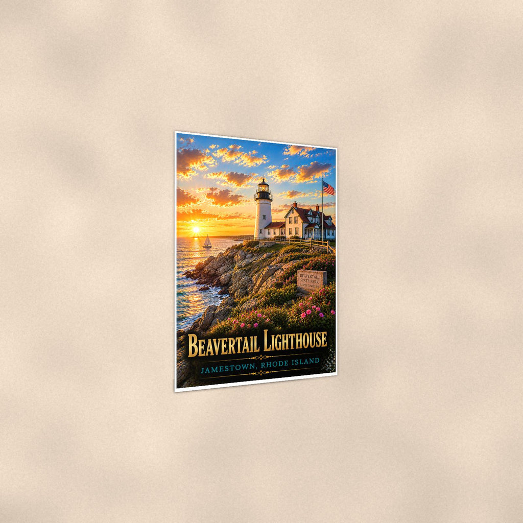 Coastal lighthouse at sunset — 24x36 in art print poster, premium luster paper with a white border; gentle three-quarter angle on a warm wall, showing the flat paper edge.