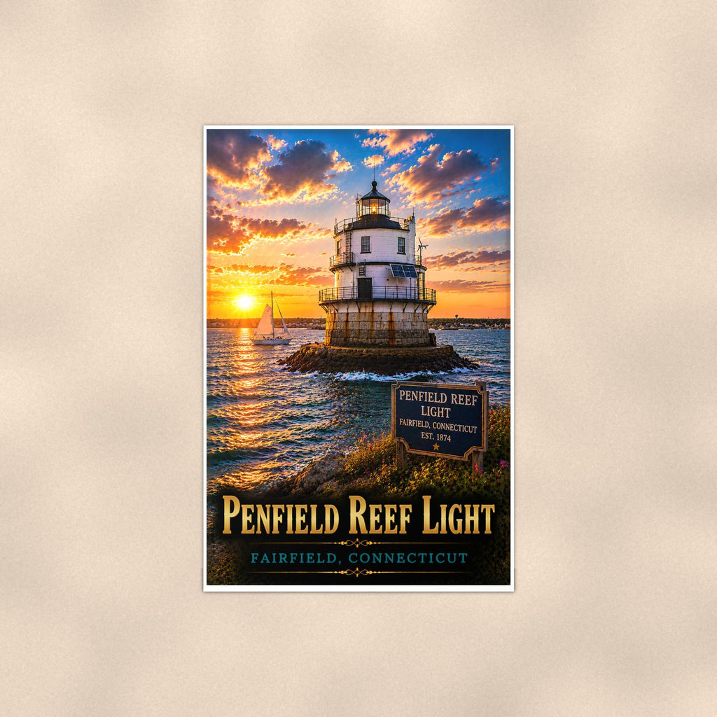 Coastal lighthouse at sunset — 24x36 in art print poster, premium luster paper with a white border; poster shown straight on against a warm wall.