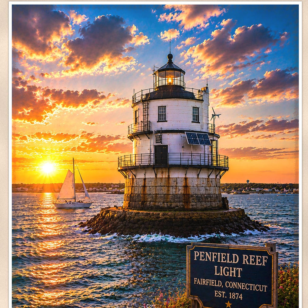 Coastal lighthouse at sunset — 24x36 in art print poster, premium luster paper with a white border; close-up framed on the main subject of the artwork, paper surface visible.
