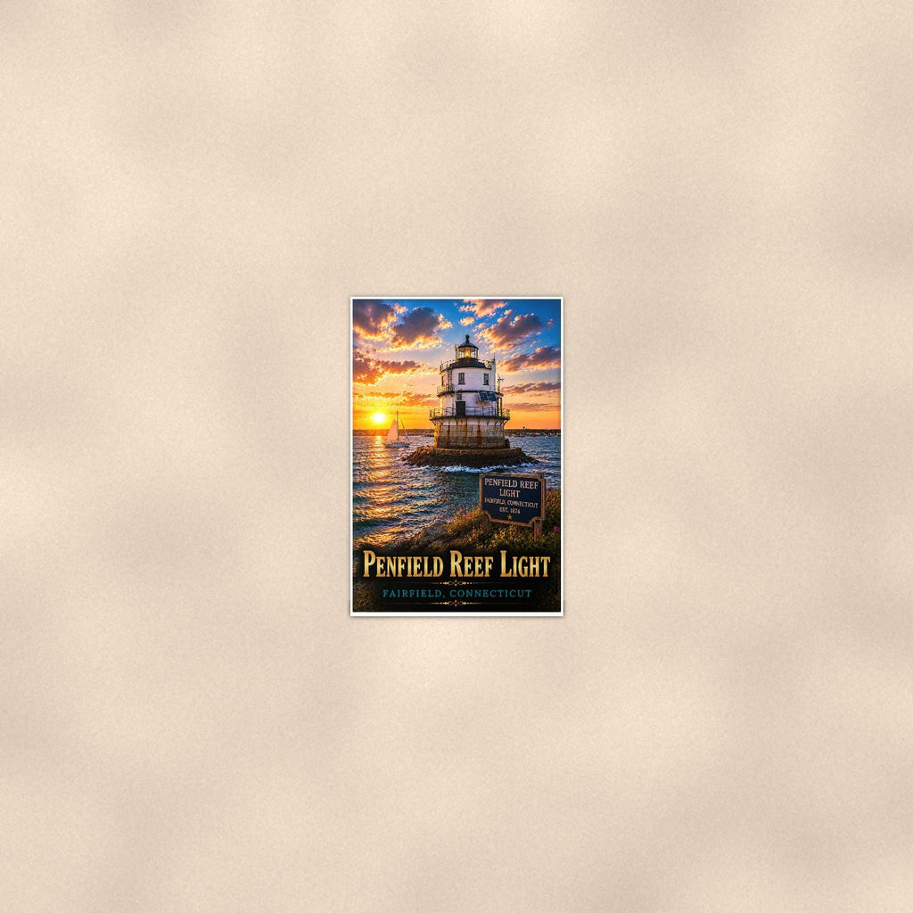 Coastal lighthouse at sunset — 24x36 in art print poster, premium luster paper with a white border; poster seen from further back, at true 24x36 in scale on a warm wall.