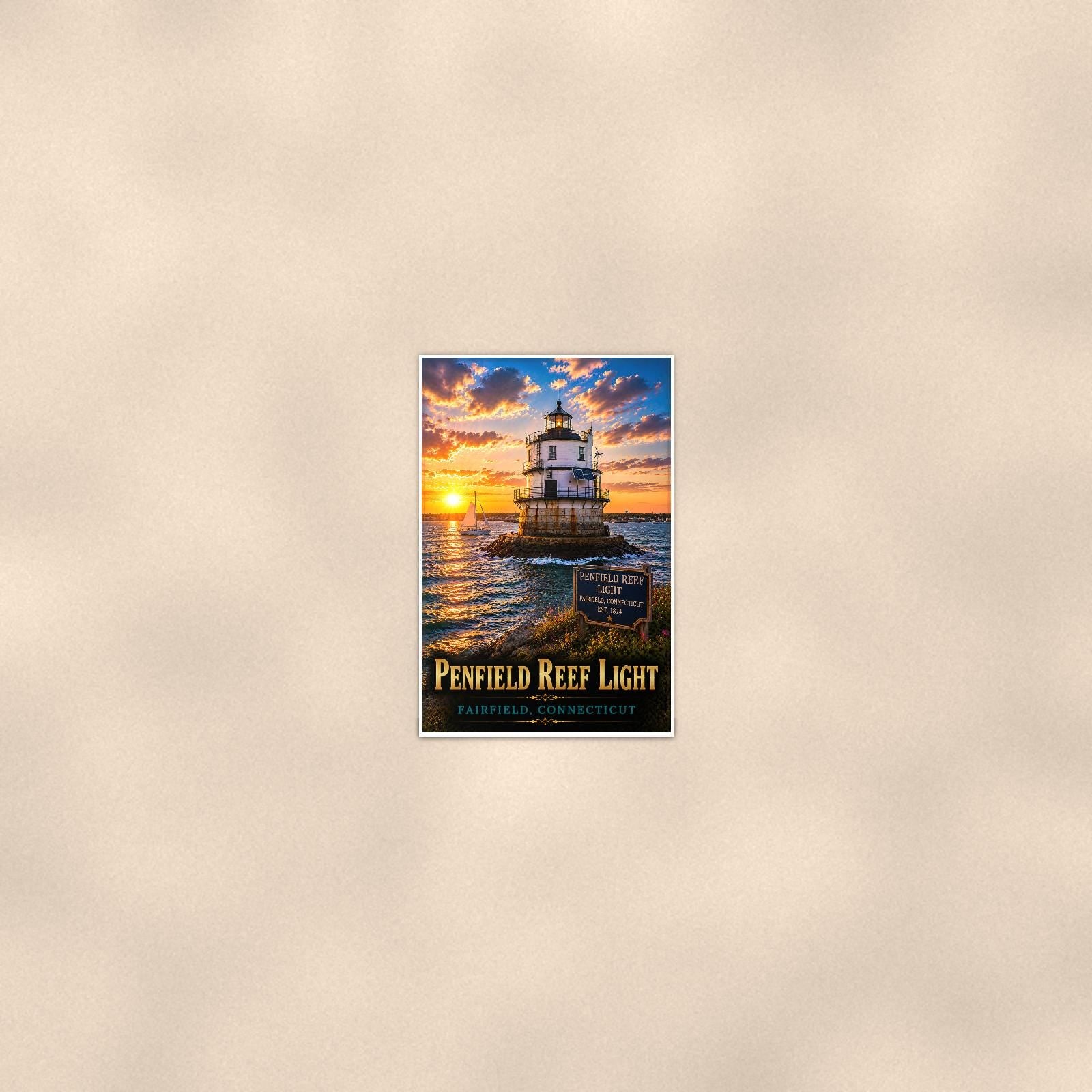 Coastal lighthouse at sunset — 24x36 in art print poster, premium luster paper with a white border; poster seen from further back, at true 24x36 in scale on a warm wall.