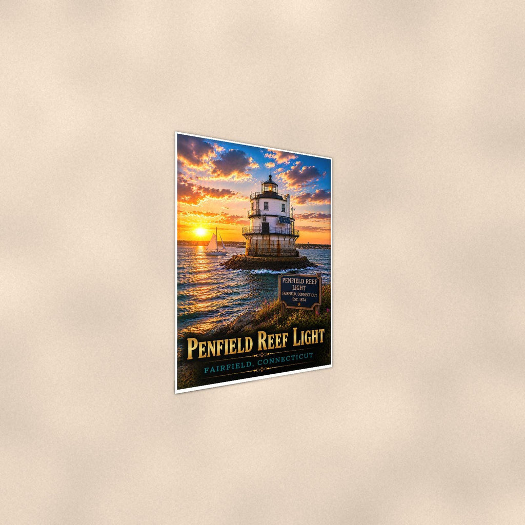 Coastal lighthouse at sunset — 24x36 in art print poster, premium luster paper with a white border; steeper three-quarter angle on a warm wall, catching the luster sheen.