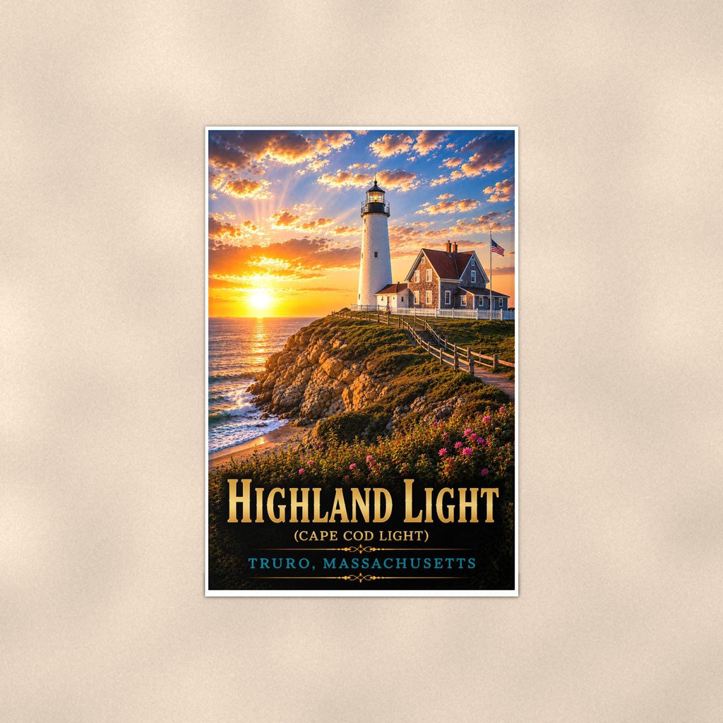 Coastal lighthouse at sunset — 24x36 in art print poster, premium luster paper with a white border; poster shown straight on against a warm wall.