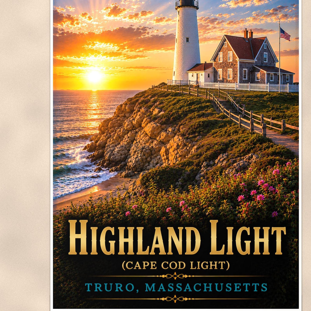 Coastal lighthouse at sunset — 24x36 in art print poster, premium luster paper with a white border; close-up framed on the main subject of the artwork, paper surface visible.
