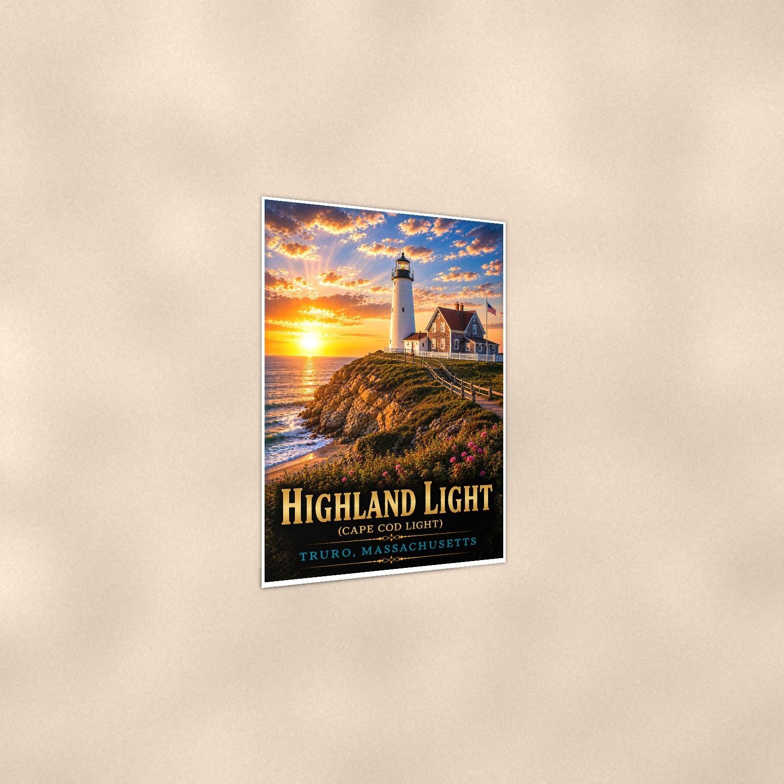 Coastal lighthouse at sunset — 24x36 in art print poster, premium luster paper with a white border; gentle three-quarter angle on a warm wall, showing the flat paper edge.