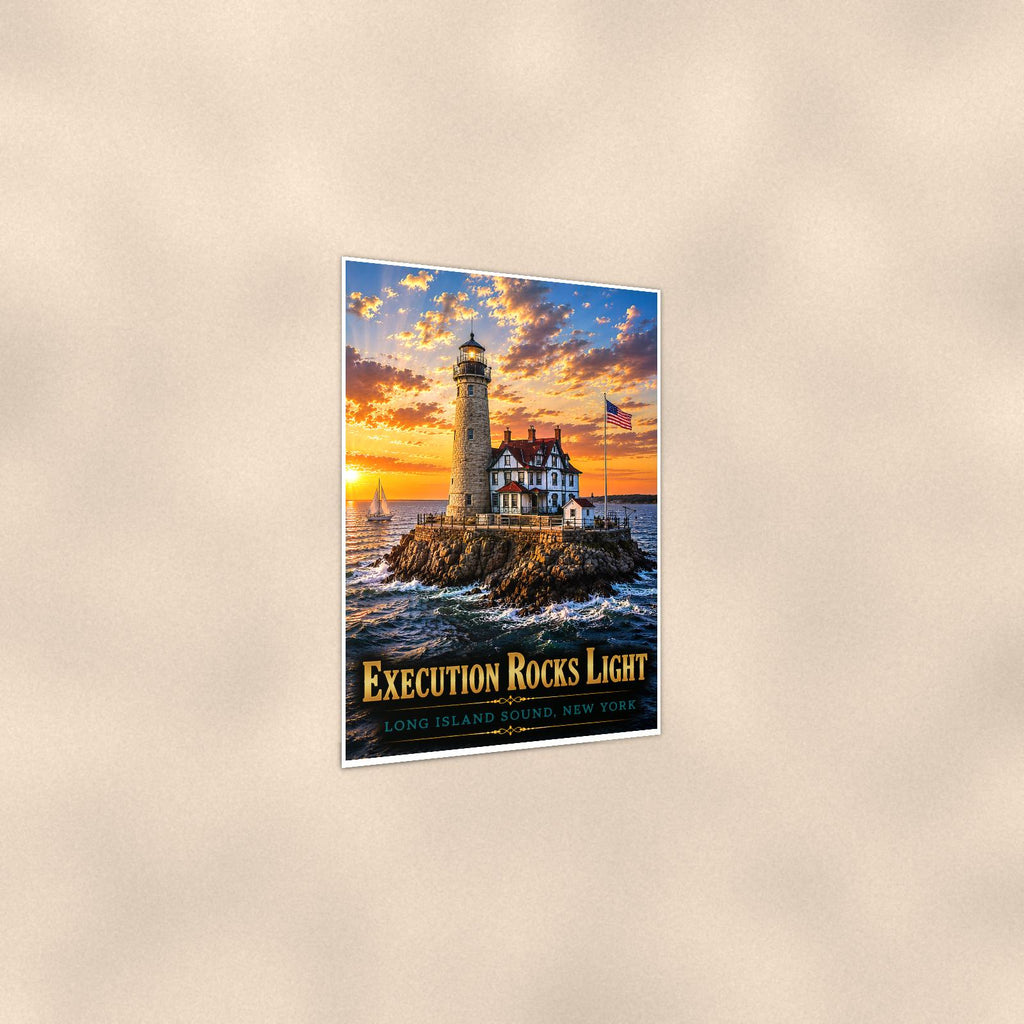 Coastal lighthouse at sunset — 24x36 in art print poster, premium luster paper with a white border; gentle three-quarter angle on a warm wall, showing the flat paper edge.