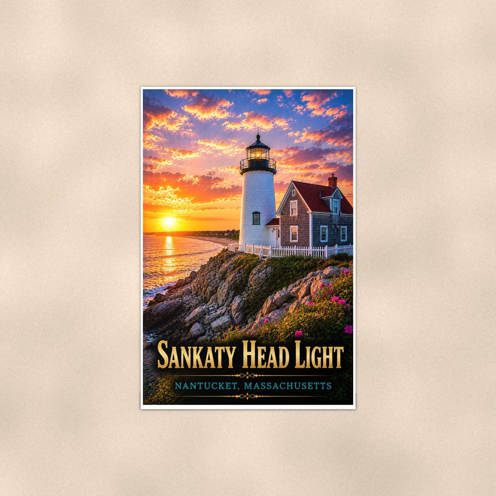 Coastal lighthouse at sunset — 24x36 in art print poster, premium luster paper with a white border; poster shown straight on against a warm wall.