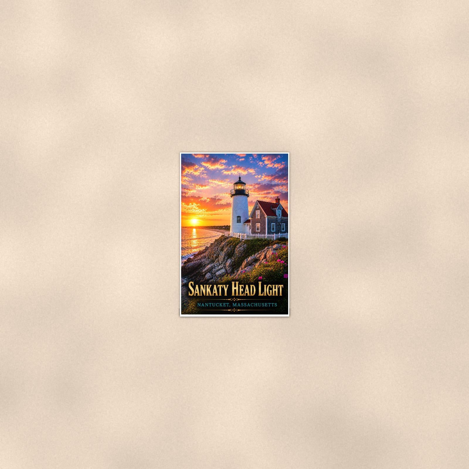 Coastal lighthouse at sunset — 24x36 in art print poster, premium luster paper with a white border; poster seen from further back, at true 24x36 in scale on a warm wall.