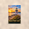 Coastal lighthouse at sunset — 24x36 in art print poster, premium luster paper with a white border; poster shown straight on against a warm wall.