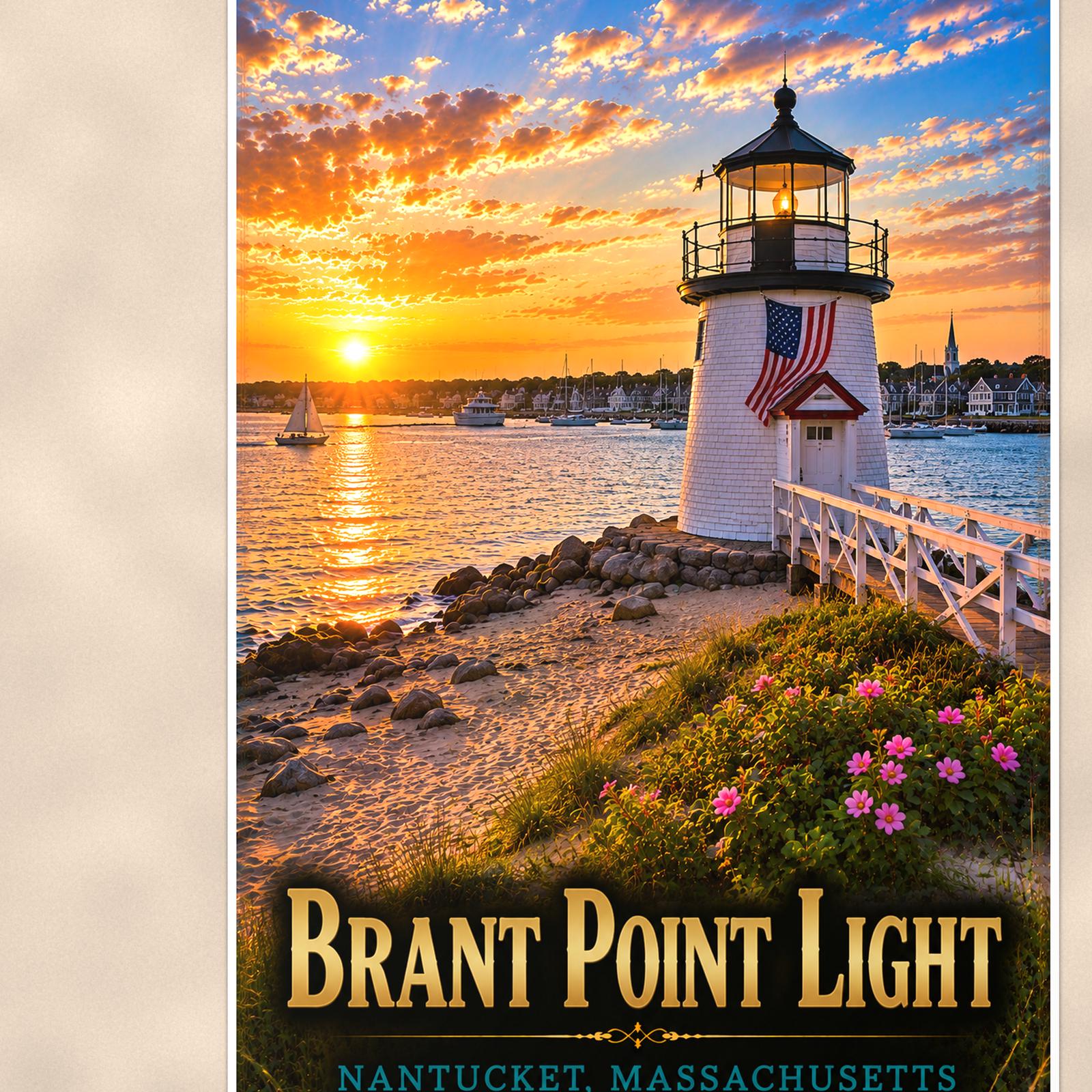Coastal lighthouse at sunset — 24x36 in art print poster, premium luster paper with a white border; close-up framed on the main subject of the artwork, paper surface visible.