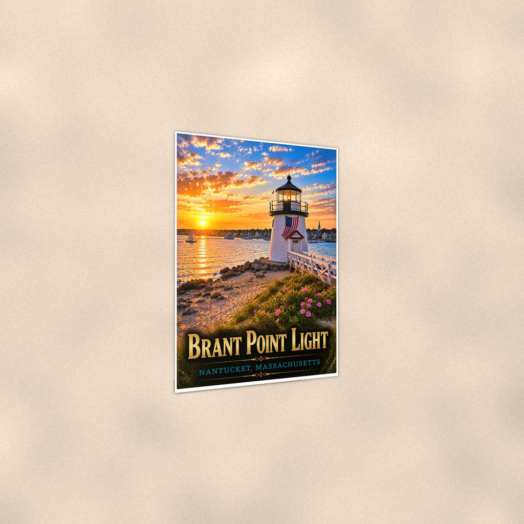 Coastal lighthouse at sunset — 24x36 in art print poster, premium luster paper with a white border; gentle three-quarter angle on a warm wall, showing the flat paper edge.