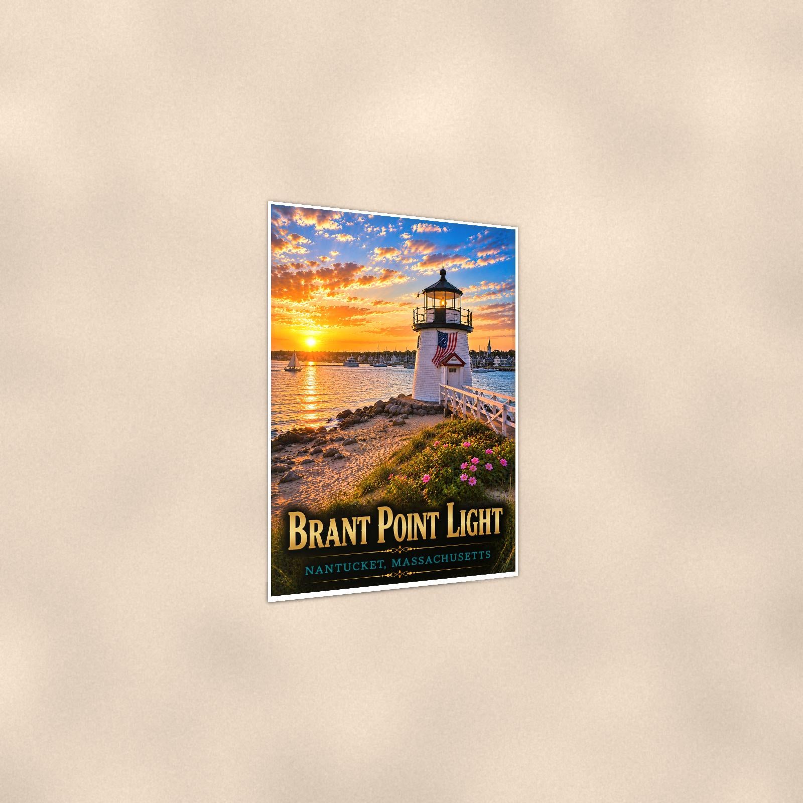 Coastal lighthouse at sunset — 24x36 in art print poster, premium luster paper with a white border; gentle three-quarter angle on a warm wall, showing the flat paper edge.