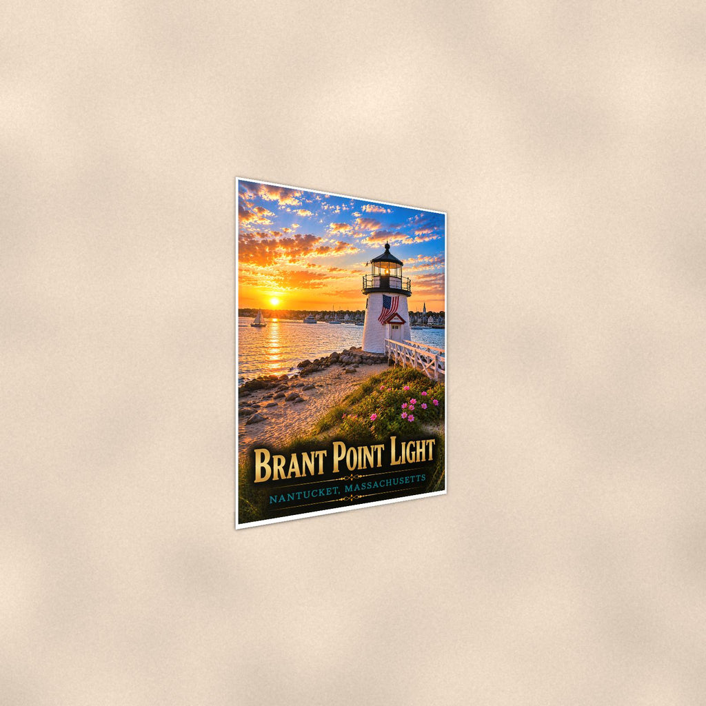 Coastal lighthouse at sunset — 24x36 in art print poster, premium luster paper with a white border; steeper three-quarter angle on a warm wall, catching the luster sheen.
