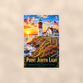 Coastal lighthouse at sunset — 24x36 in art print poster, premium luster paper with a white border; poster shown straight on against a warm wall.