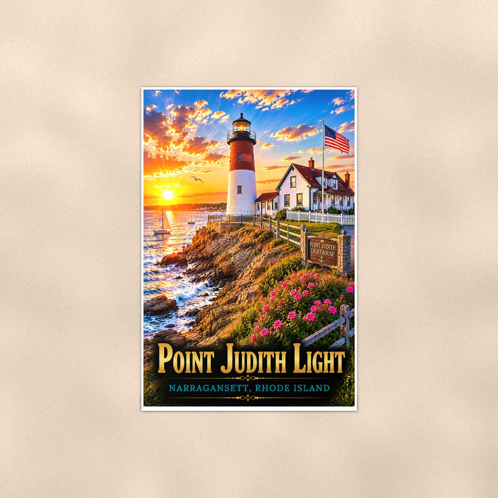 Coastal lighthouse at sunset — 24x36 in art print poster, premium luster paper with a white border; poster shown straight on against a warm wall.
