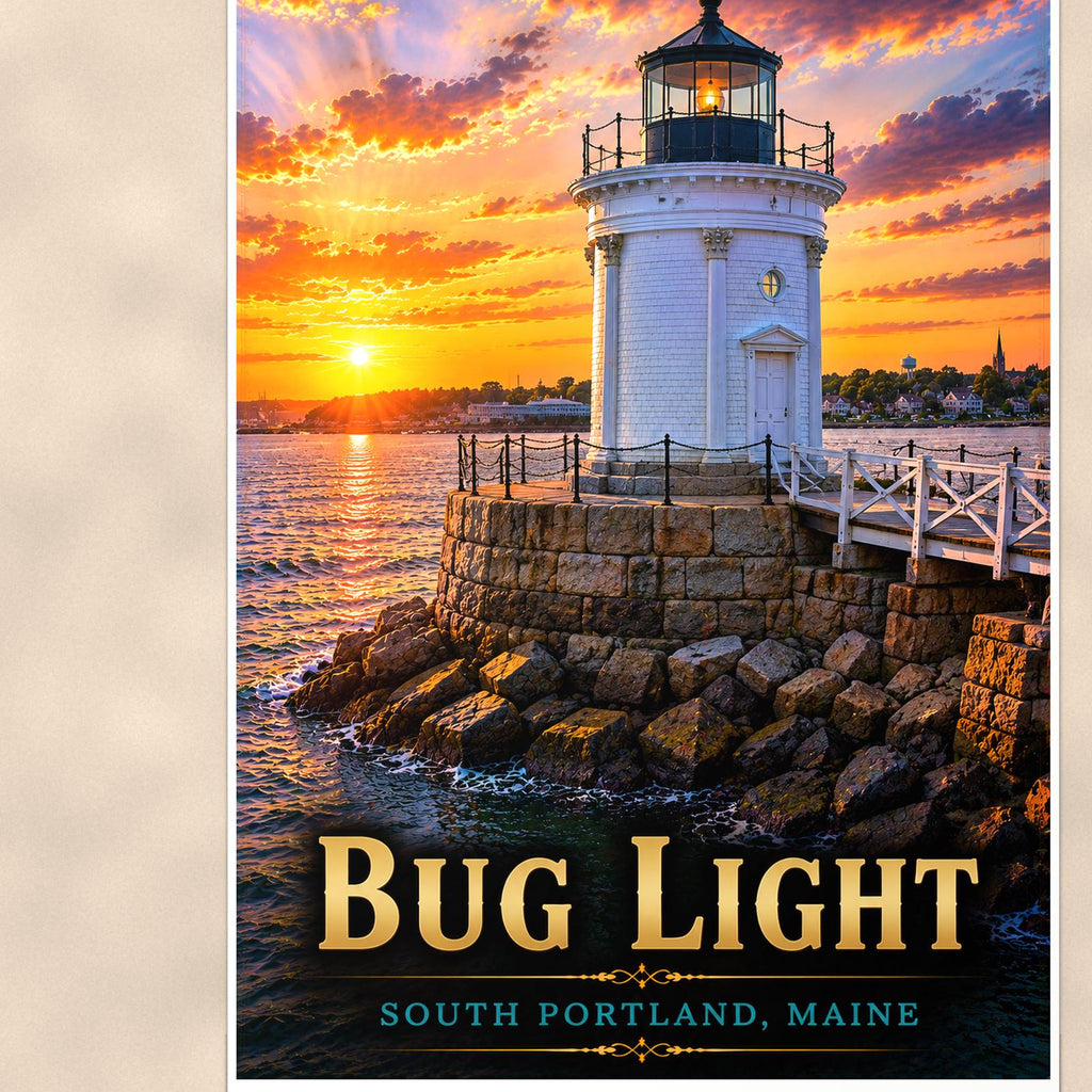Coastal lighthouse at sunset — 24x36 in art print poster, premium luster paper with a white border; close-up framed on the main subject of the artwork, paper surface visible.